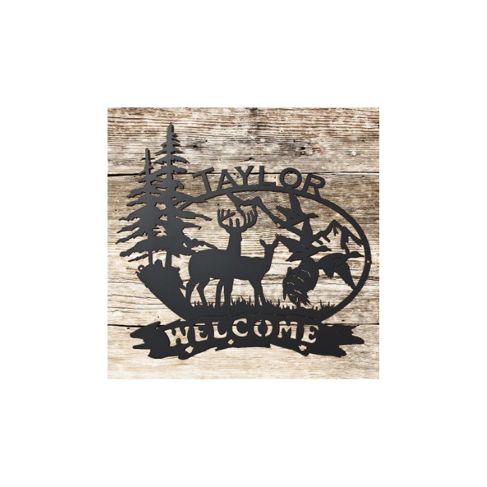 Outdoor Scene with Deer, Ducks, Turkey, and Custom Text (B26)