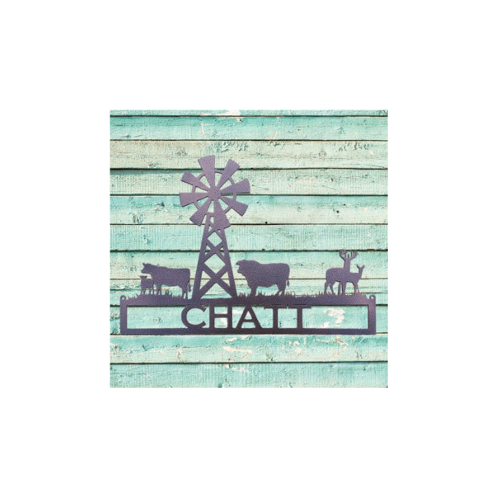 Metal Art Windmill with Cows and Deer Custom Text sign (G12)