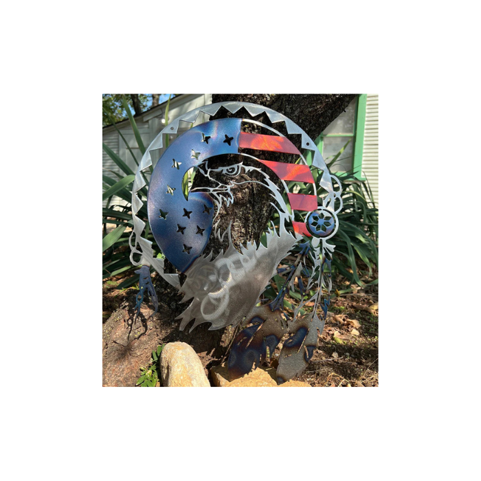 Tribal American Eagle with Feathers and Wrapped in Old Glory - Unique Metal Art C84