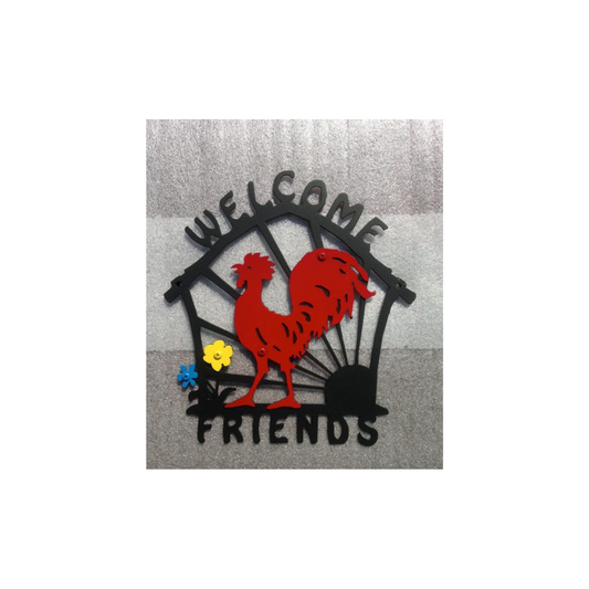 Welcome Friends Sign with Red Rooster and Blue and Yellow Flowers  (W11)