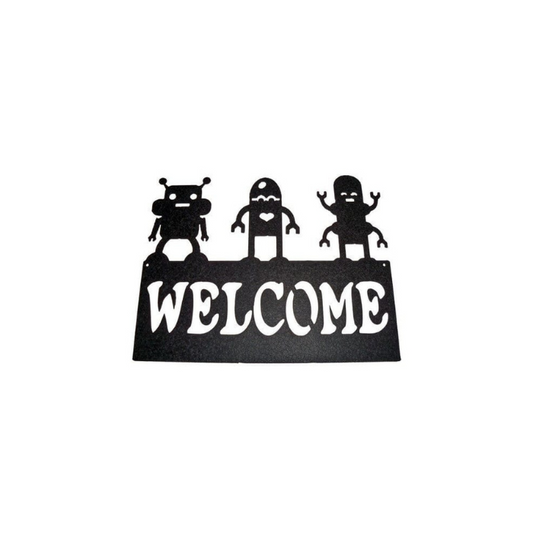 Welcome Sign with Three Robots Metal Wall Art (R)