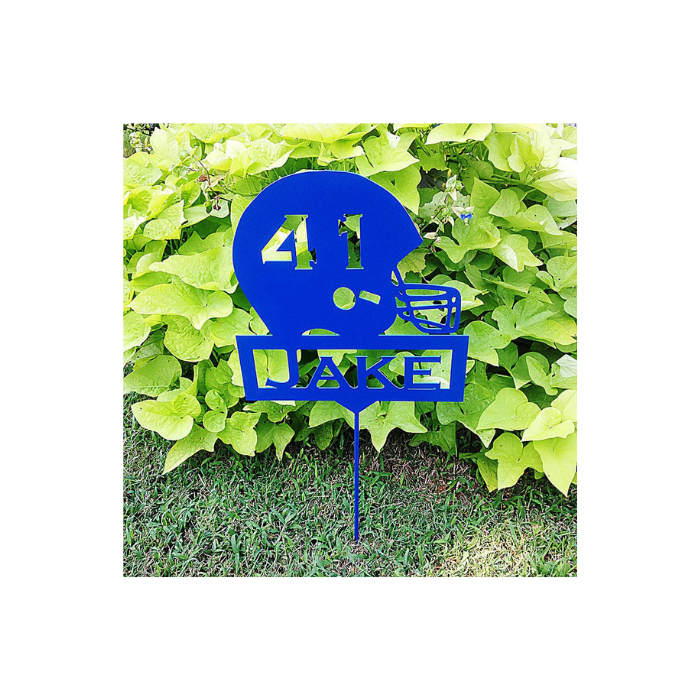 Football Helmet Garden Stake with Custom Text Box and Your Number in the Helmet  (A28)