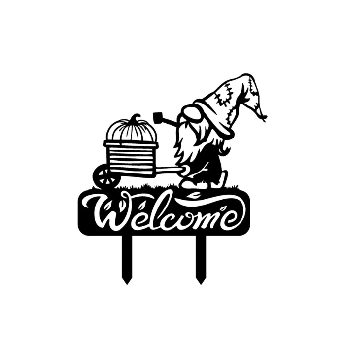 Whimsical Gnome Welcome Sign with Wheelbarrow and Pumkin - Garden Greetings (C91)