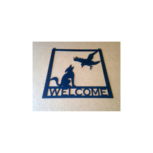 Metal Welcome Sign Coyote / Raven Metal Wall Art (U3)