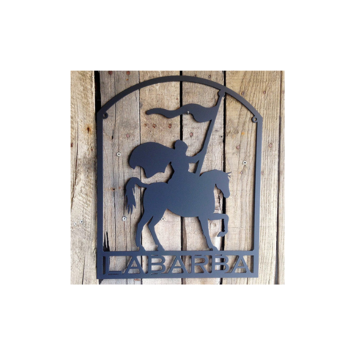 Metal Art Knight on Horse with Flag and Custom Text Sign (L15)