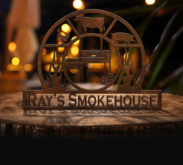 Cow & Pig Smoke House Barbecue Sign, BBQ Smoker Gifts, Custom Farm Decor, Smoker store Grill, Custom Family Name Sign