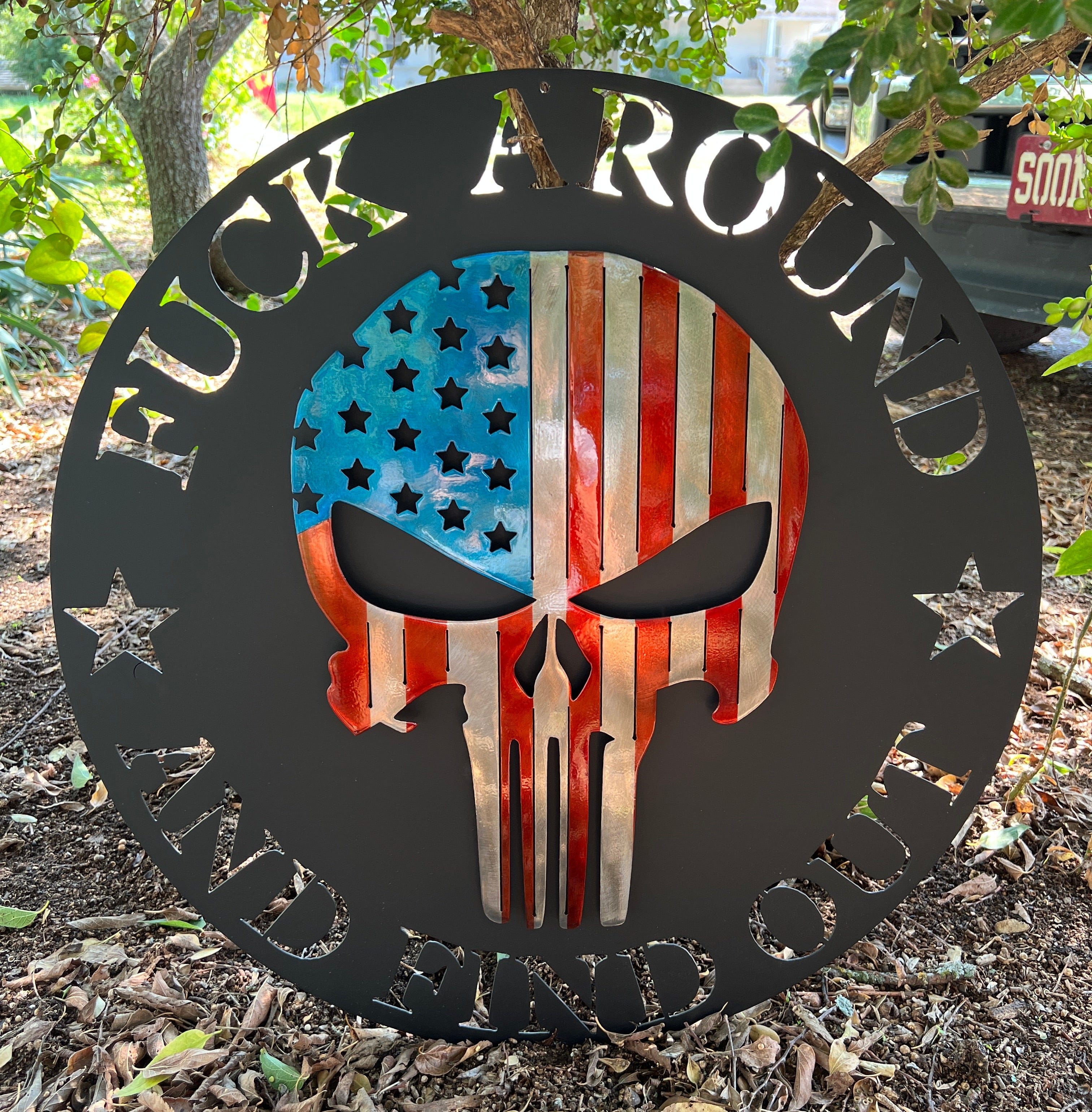 F Around And Find Out American Flag Punisher Skull Metal Sign C85